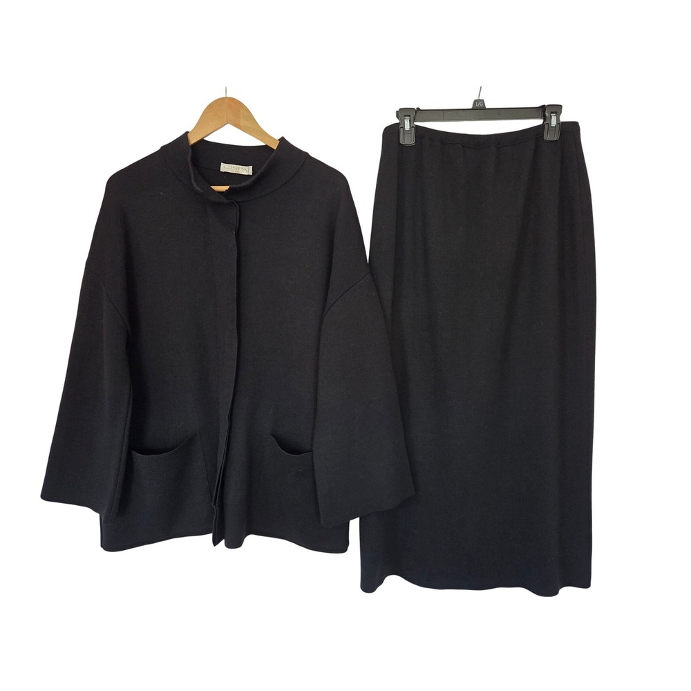 VTG Gispa Skirt Set Knit Mock Neck Jacket Midi Skirt 40/48 Black‎ Made in Italy